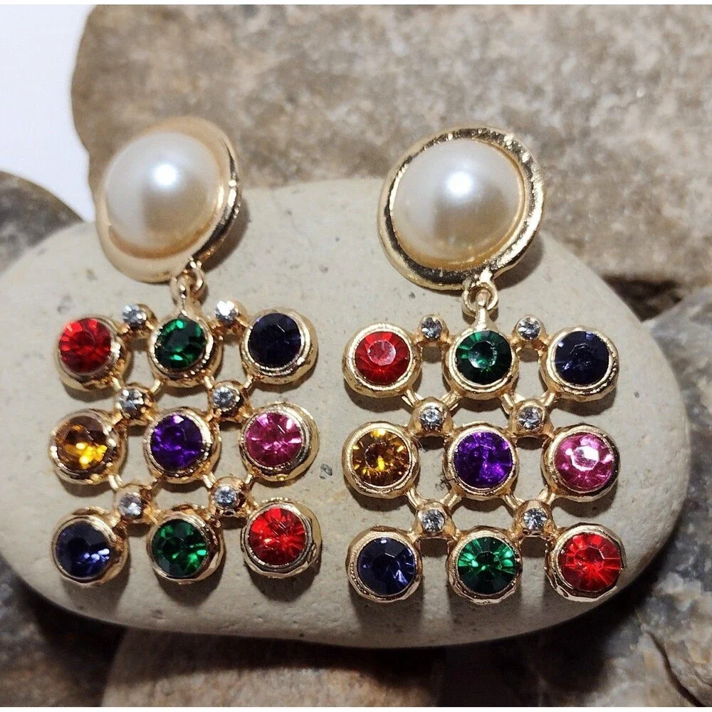 BIG Vintage 90s Color Block Pearl Gold tone Statement Earrings